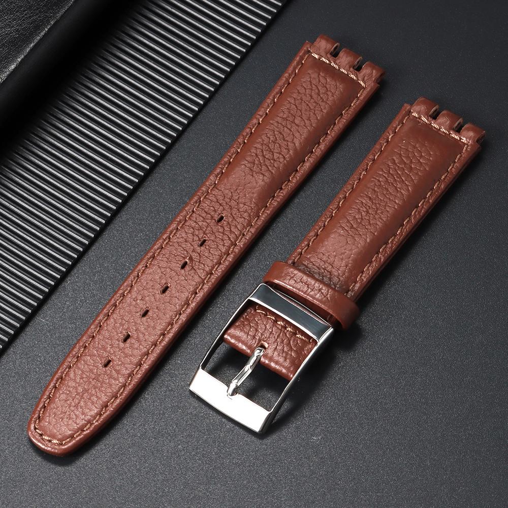 Wristband 17mm for Swatch Watch Strap Genuine Cowhide Leather Bracelet Men Women Business Black Buckle Replacement Watchband