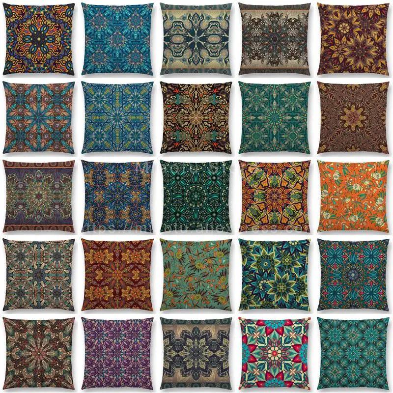 Boho Colorful Flowers Abstract Ethnic Floral Pillow Case Mandalas Pattern Design Vintage Patchwork Retro Cushion Cover