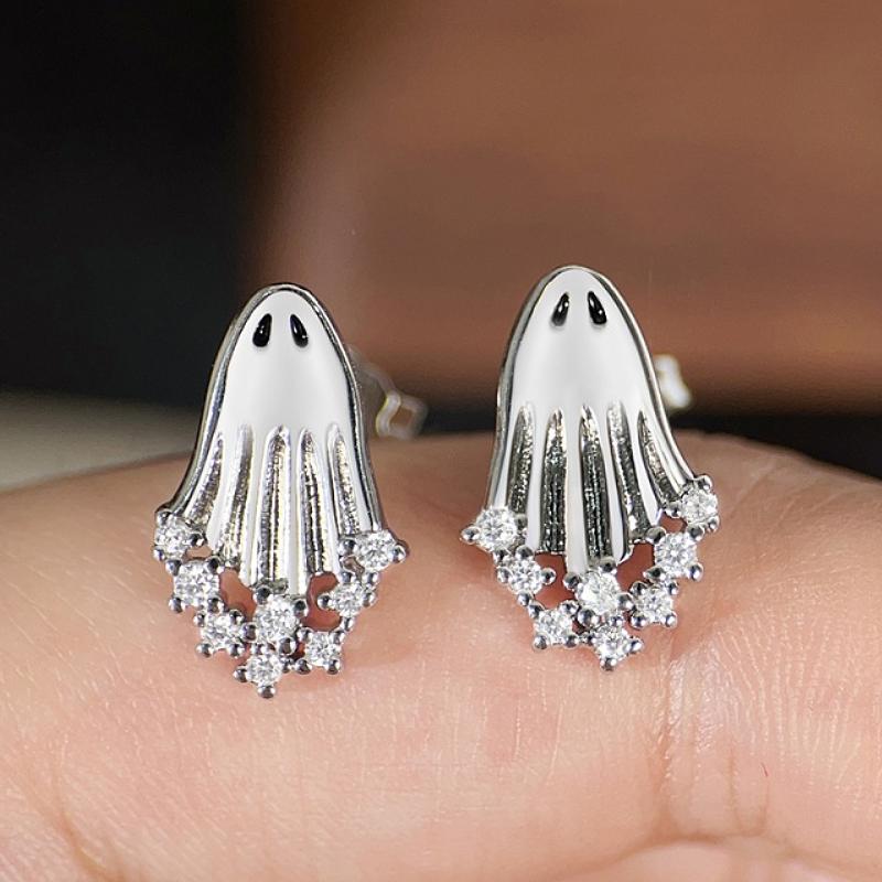 Huitan Halloween Stud Earrings Ghost Design Cute Festival Silver Color Jewelry Inlaid Shiny CZ Spooky Party Accessories Gift