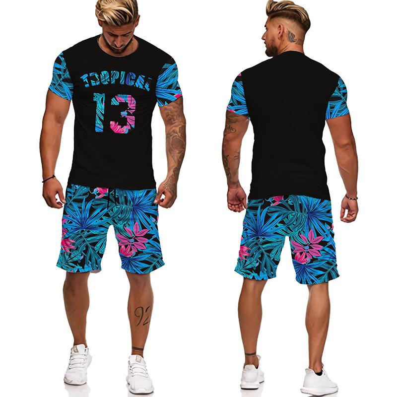 

НОВЫЕ мужские футболки/пляжные шорты/костюмы с тропическим цветочным принтом, модные летние гавайские комплекты, повседневная футболка с коротким рукавом, праздничная одежда 3XL