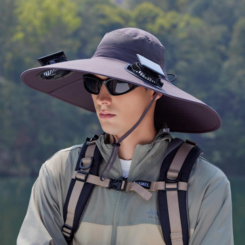 Wide Brim Solar Fan Outdoor Fishing Hat-Solar & USB Charging, Outdoor Sun Hat with Solar Fan with 2 Solar Fan