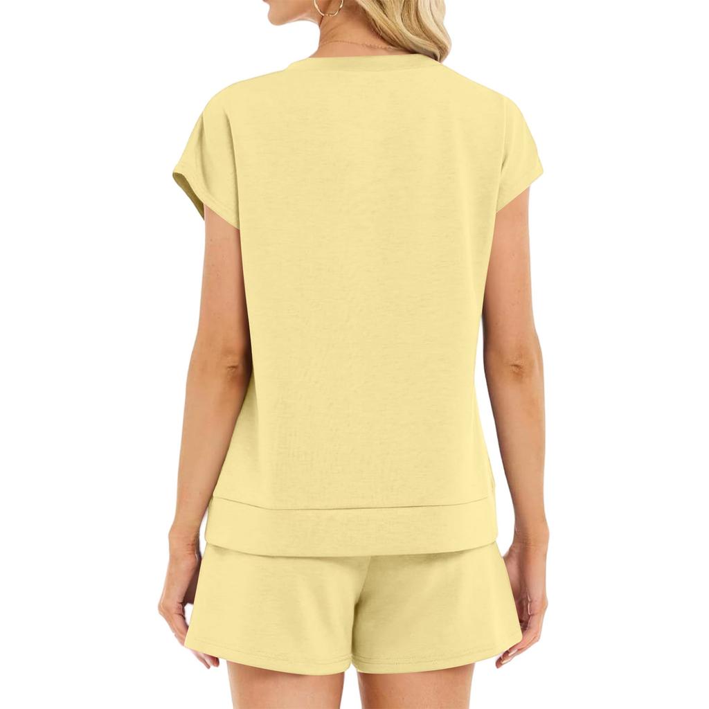 Women's Fashion Casual Short-Sleeved Summer V-Neck Short-Sleeved Top With Drawstring Pockets And Shorts Two-Piece Set