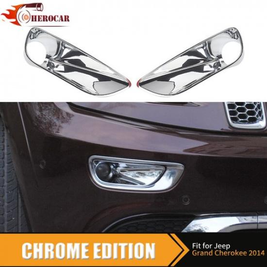Pair Chrome Front Fog Lamp Cover Trim Bezel Frame For Jeep Grand Cherokee 2014+