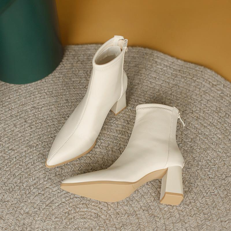 Martin Boots Women's Thick Heel Soft Leather Autumn and Winter French Versatile Small Heel Short Boots with Velvet Middle Heel