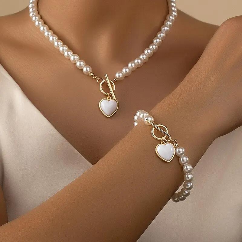 2PCS Immitation Pearl Necklace Bracelet Jewelry Set Elegant Love Pearl Color Pendant Natural Color Beads Collar for Girl Gifts