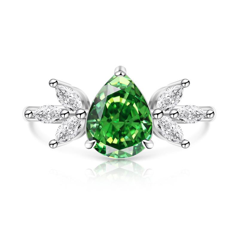 925 Sterling Silver Ice Flower Cut Pear Shape Color Gem Ring for Women Inlaid Brilliant High Carbon Diamond Band Daily Jewelry Gift