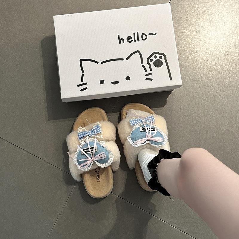 Cute Girl Heart Bow Fluffy Shoes Women's Autumn and Winter Fashion Korean Version Retro Thick-soled Cotton Slippers Tide