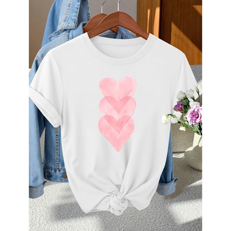 

European Size Women s Vintage Pink Layered heart print T-Shirt - Short Sleeve Blouse with Round Neck, Spring Summer Fall Casual & Dressy Top S белый