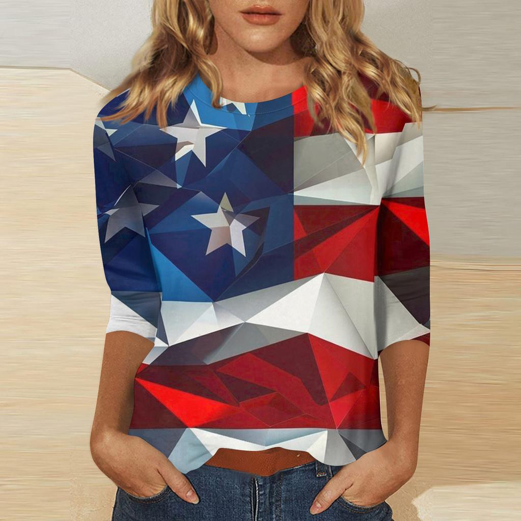 Women's Independence Day Print Round Neck Seven-Eighths Sleeve Top