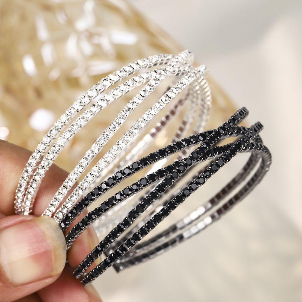 Multi Rows Zircon Crystal Cuff Bracelet Silver Color Open Bangle Jewelry For Wedding