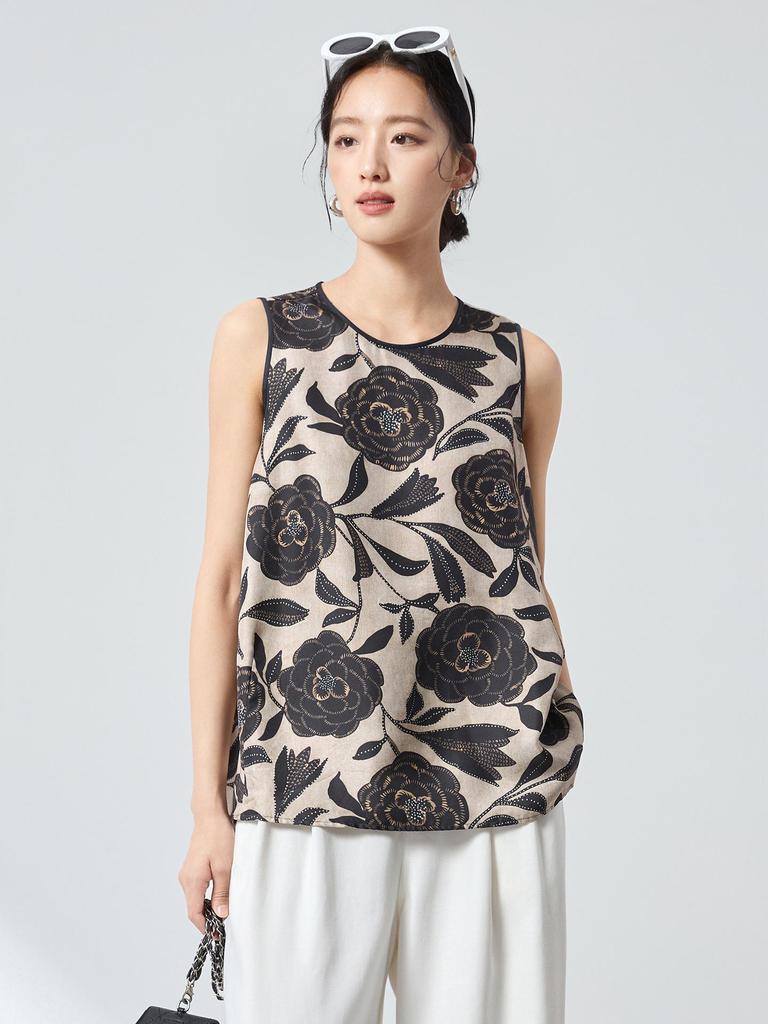 Summer 100% Mulberry Silk Printed Sleeveless Top - Chinese Style Loose Fit Versatile Blouse (Model 1561)
