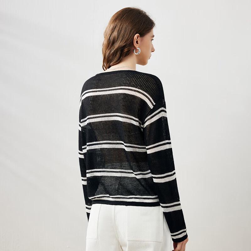 Women's Round Neck Striped Linen Blend Long Sleeve Loose Fit Top