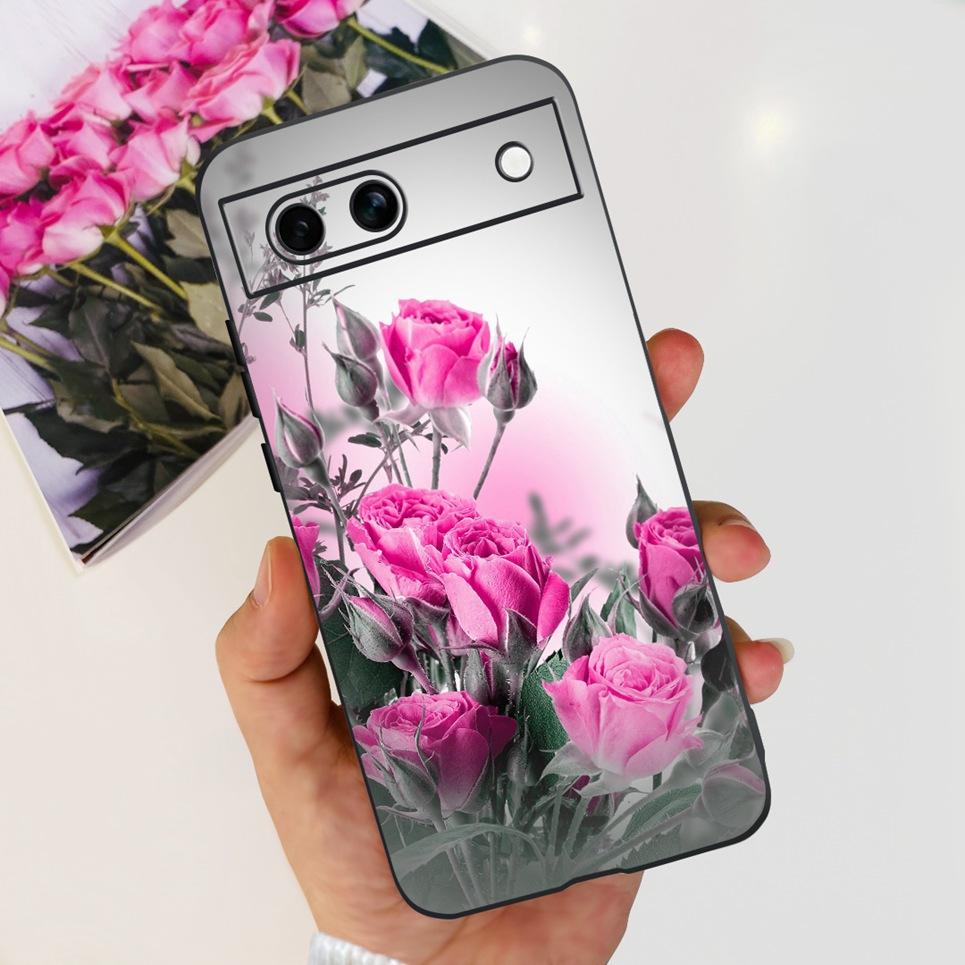 Black Matte Silicone Back Cover For Google Pixel 8A Painting Case Cartoon Lovely Cat Butterfly Flower Bumper Google 8A Soft Etui