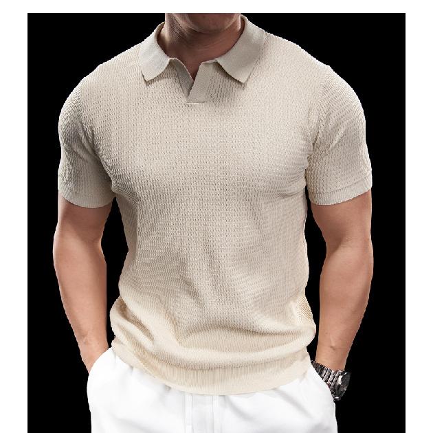 Leicht Reifer Stil Geripptes Strickpolo für Herren, Dünnes Atmungsaktives Slim Fit Kurzarm Amerikanischer Stil Muskelmänner Cooles Seidenhemd
