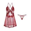 Women's Lace Embroidered Sheer Mesh Deep V Padded Cami Sleep Dress with Robe Lingerie Set