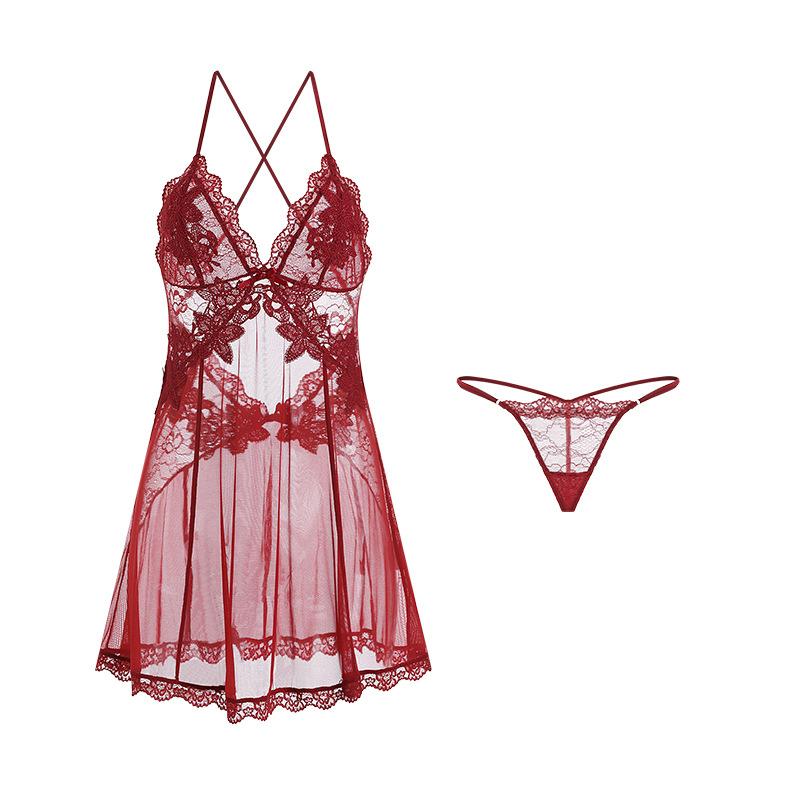 Women's Lace Embroidered Sheer Mesh Deep V Padded Cami Sleep Dress with Robe Lingerie Set
