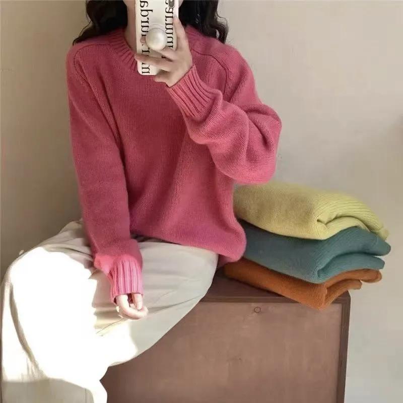 Autumn Winter Simplicity Casual  Women Sweater Lazy Wind Solid O-Neck Loose Long Sleeve Pullovers Knitted Tops