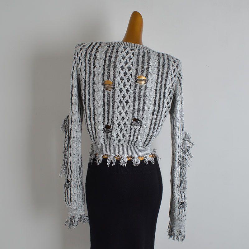 Retro Fashion Design Ripped Tassel Long sleeve Knit Women Spring and Autumn Idle Style Pullover Sweater All-Matching Top