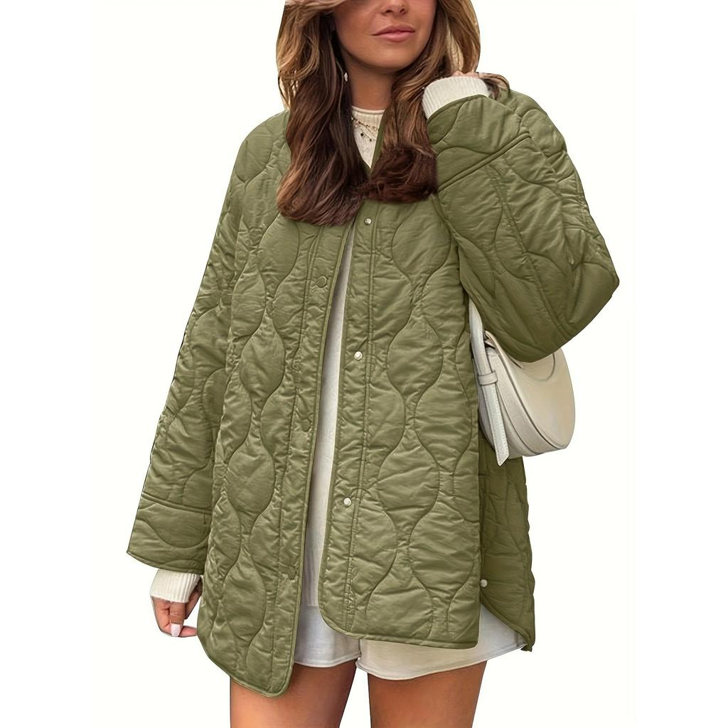 Autumn and Winter Style Quilted Thread Decoration Simple Solid Color Round Neck Loose Cotton Coat