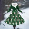 Women's Casual Hooded Dress Long-Sleeve V-Neck Patchwork Fleece Christmas Print Dress