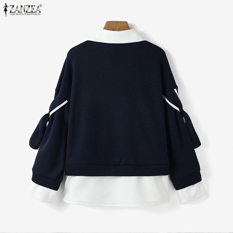 ZANZEA Sweat-shirts décontractés pour femmes à col rabattu, manches longues et patchwork