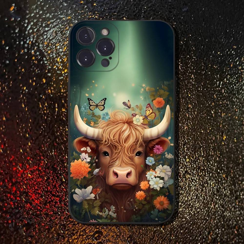 

Cute Highland Cow Phone Case For iPhone 16,15,14,13,12,11 Plus,Pro Max,XS,X,XR,SE,Mini,8,7,Soft Silicone Black Cover iPhone14Plus