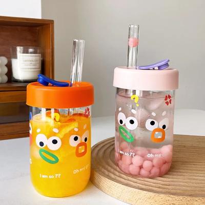 550ml Cute Kawaii Glasses With Lid and Straw Bubble Tea Cup Glass Cups For Coffee Mug Juice Can Milk Mocha Water Cup Drinkware