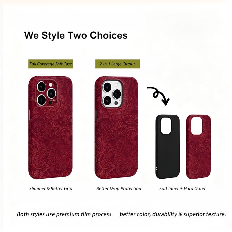 Luxurious Red Paisley Intricate Swirl Pattern Art Graphic Film Aesthetic Protective Shockproof Bumper Phone Case Cover For iPhone 14 15 16 ProMax Plus