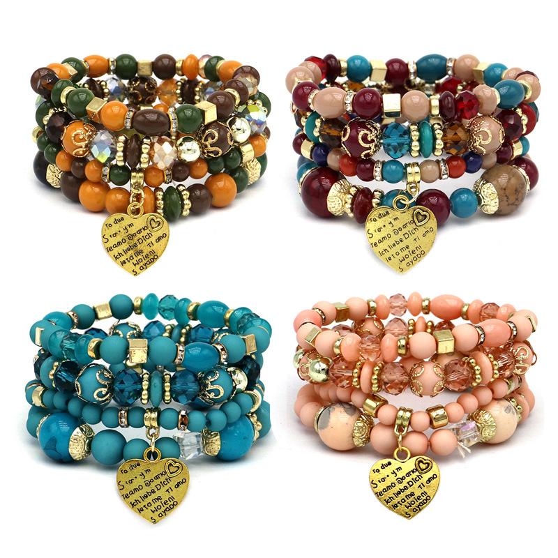 Bracelet Bohemian Ethnic Style Multi-Layer Bracelet Peach Heart Beaded Women'S Glazed Jewelry