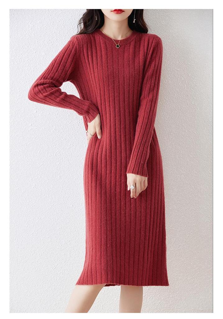 Women's Thickened Long Wool Sweater Dress - Round Neck, Slim Fit, Mid-Length, Warm Knitwear for Autumn and Winter