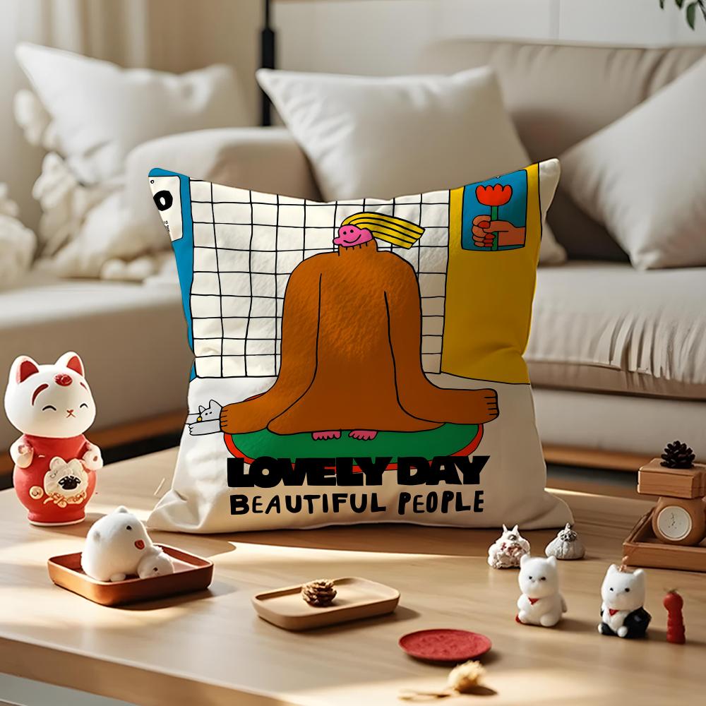 Flat Illustration Cushion Cover Anti-dustmite Pillowcase Invisible Zipper Silky Short Plush Sofa Cushion Cover