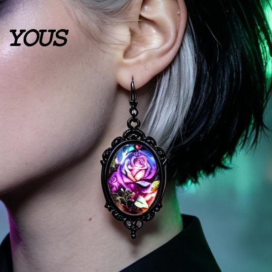 Gothic Earrings for Women 1 Pair Halloween Flower Earrings, Matte Black Oval Alloy Vintage Dangle Lightweight Stained Glass Rose Patterns Jewelry