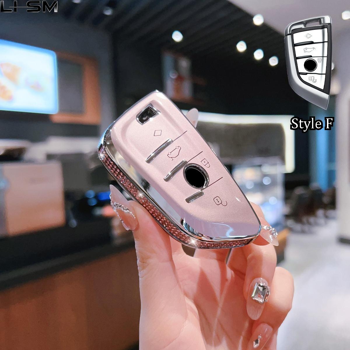

Pink Diamond Style TPU for BMW 216i F46 X1 X2 X3 X5 X6 GT 2 5 6 7 Series 3 4 Button Remote Car Key Case Cover Holder Keychain