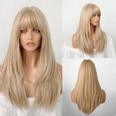 European and American Women's Long Straight Blonde Wig, Golden Gradient Straight Bangs High-Temperature Fiber Hairpiece