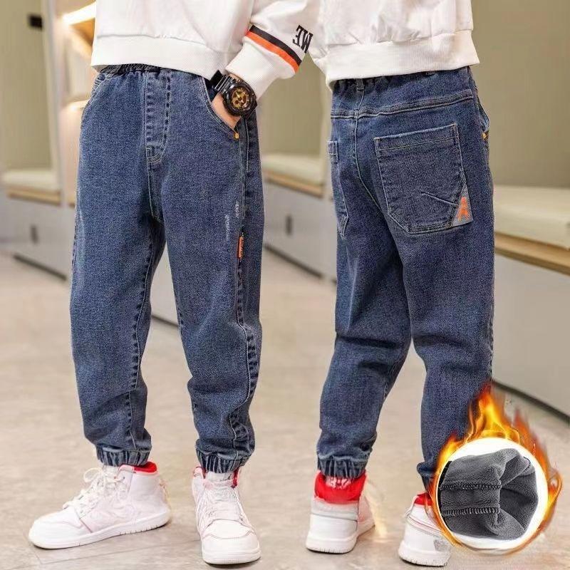 Boys' Jeans Plus Velvet Autumn and Winter Big Children's Trend Pants All-in-one Velvet Children's Trousers