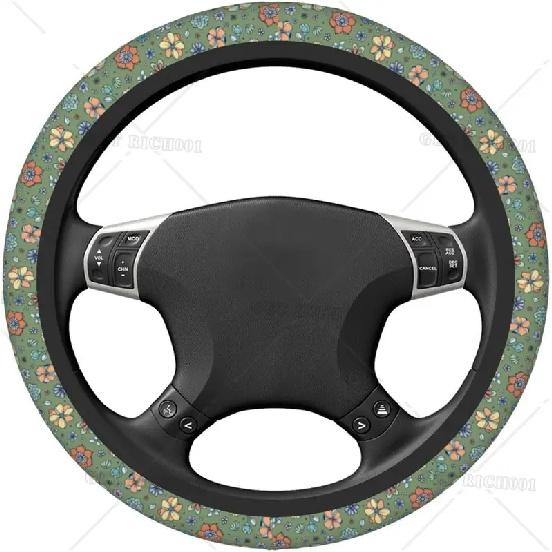 Sage Green Hippie Flower Auto Car Steering Wheel Cover Universal 15 Inch Neoprene Interior Decor Protection Accessories