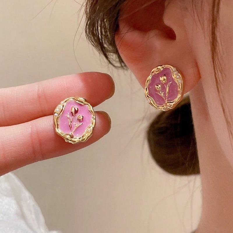 Retro Geometry Golden Color Frame Tulip Stud Earrings for Women Trendy Black Enamel Oil Flowers Earrings Fashion Jewelry Gift