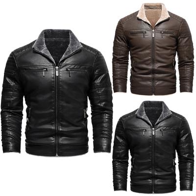 Men's Multi-Pocket Plush Thickened PU Leather Jacket Business Casual Jacket