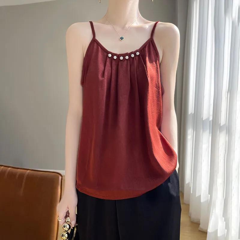 Women Black Pearl Embellished Spaghetti Strap Camisole Top XL