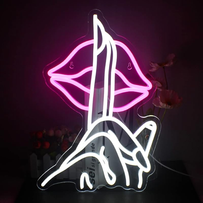 Lips Neon Sign Shh Gesture Led Neon Lights for Wall Decor USB Powered Chic Neon Lips Light Signs for Bedroom Home Bar Man Cave Beer Cafe Birthday