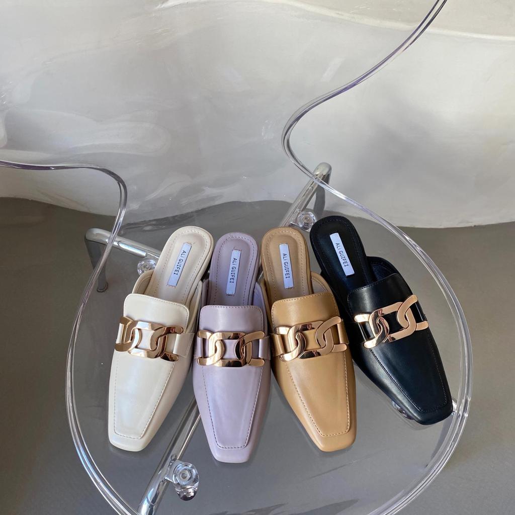 designer metal chains slippers women purple leather gladiator sandalias chains buckle summer slides shoes woman mules