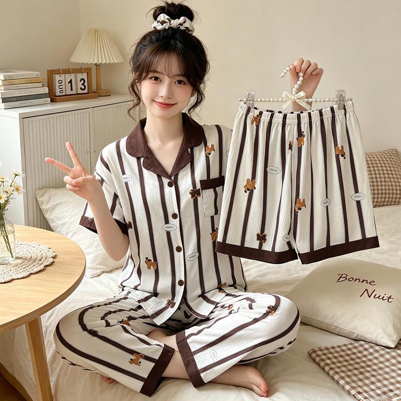 Leopard Print Love Heart Short Sleeve Pajama Set: Women's Summer Cloud Cotton Three-Piece Loungewear