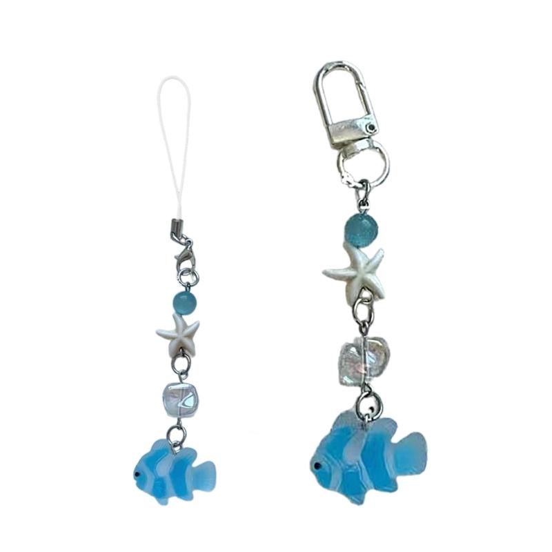 Handmade Beaded Phone Chain Fish Cellphone Charm Acrylic Keyring Pendant Mobile Phone Charm Detachable Bag Accessory