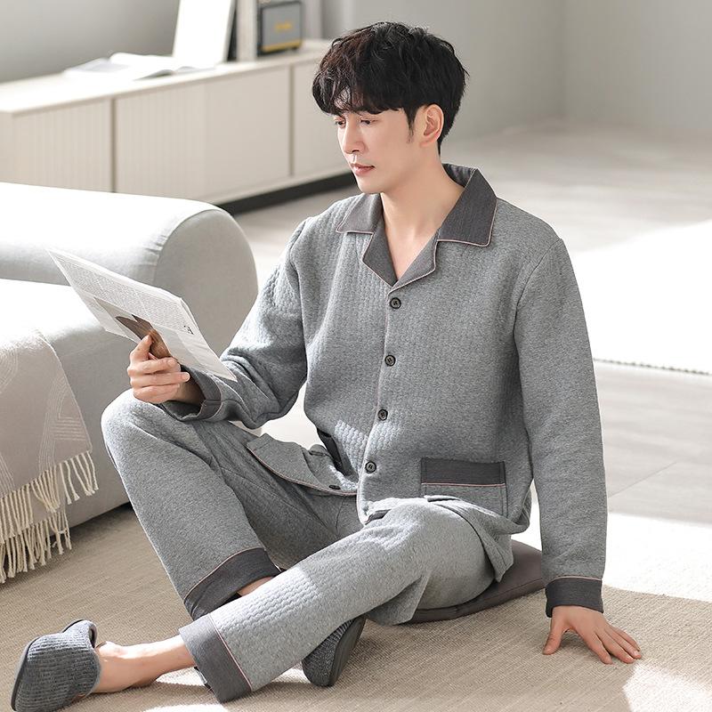 Air cotton sandwich pajamas men's autumn and winter thickened pure cotton long-sleeved men's winter thin padded large-size loungewear