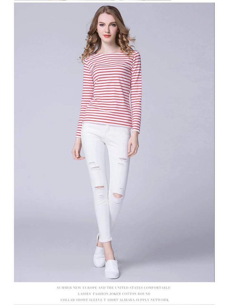 2022 Women's Slimming One-Shoulder Black & White Striped Long Sleeve T-Shirt