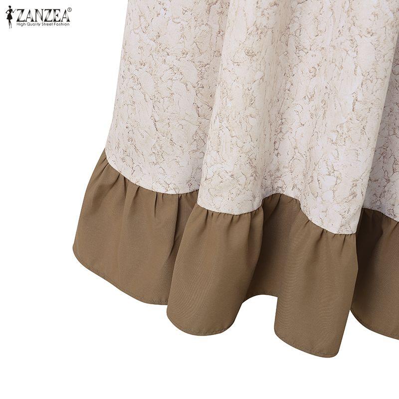 ZANZEA Women Casual Round Neck Loose Long Sleeve Splice Dress