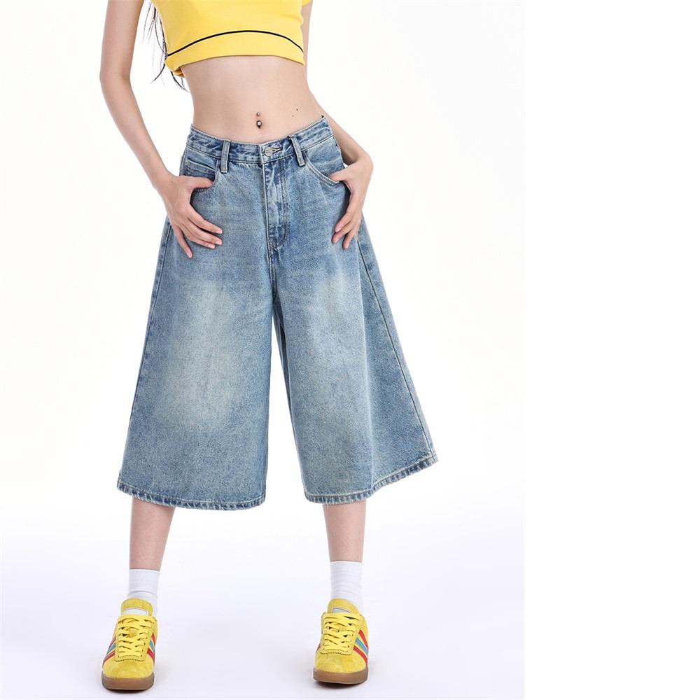 

Летние женские укороченные джинсы с широкими штанинами, модные джинсовые шорты длиной до колена, эластичные джинсовые шорты-бермуды с низкой талией, мешковатые брюки-карго, винтажная уличная одежда 2000 года M синий