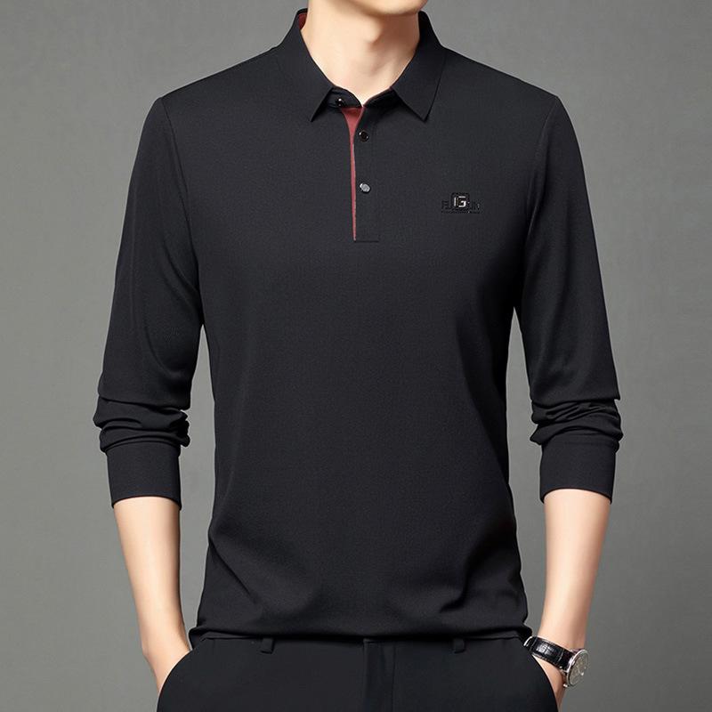 Long-Sleeved Polo Shirt Men'S Simple Casual Bottom Lapel Printed T-Shirt Bottom Shirt