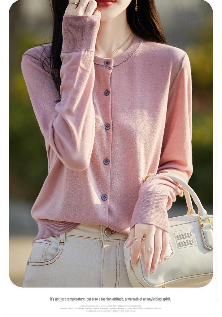 Autumn 2025 Fine Wool Women's Long Sleeve Cardigan - Socialite Style Thin Sweater Top