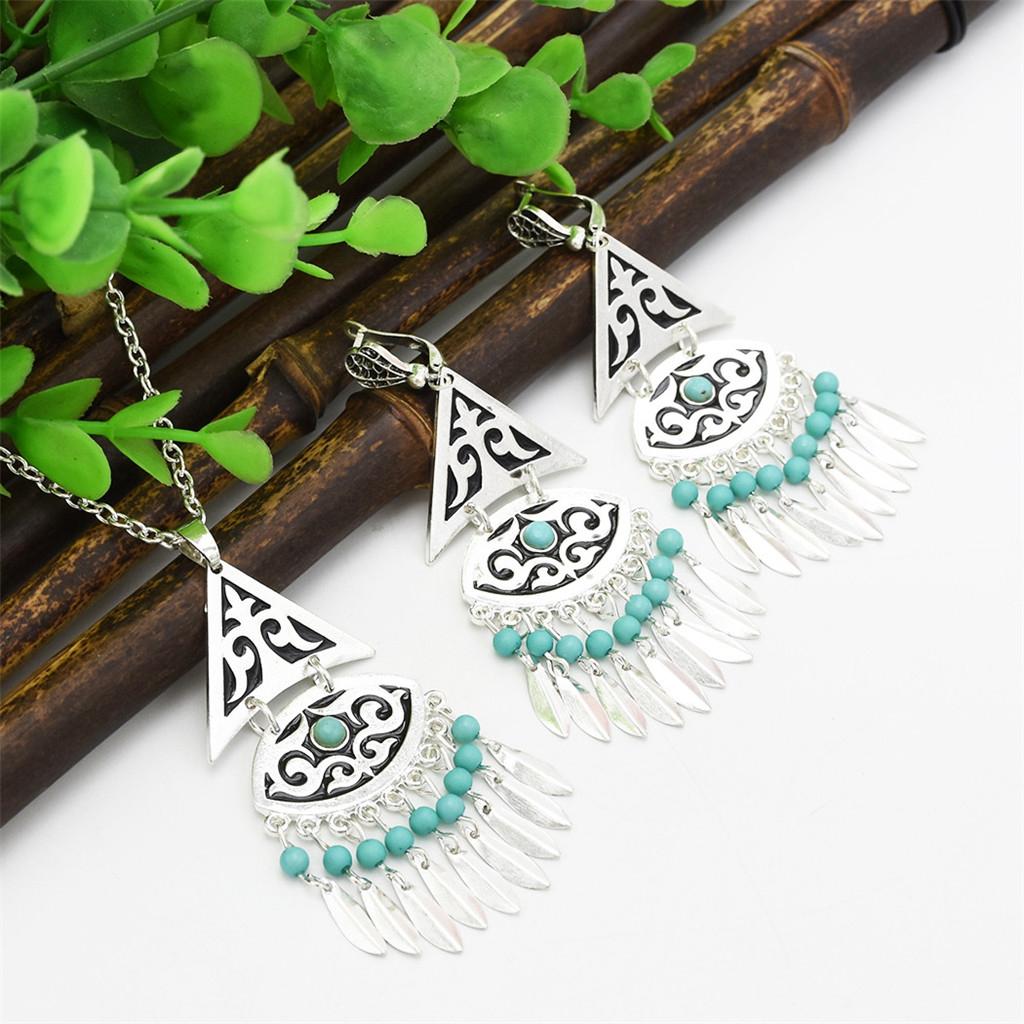 Women's Vintage Bohemian Style Tassel Hook Earrings and Necklace Jewelry Set 74GR